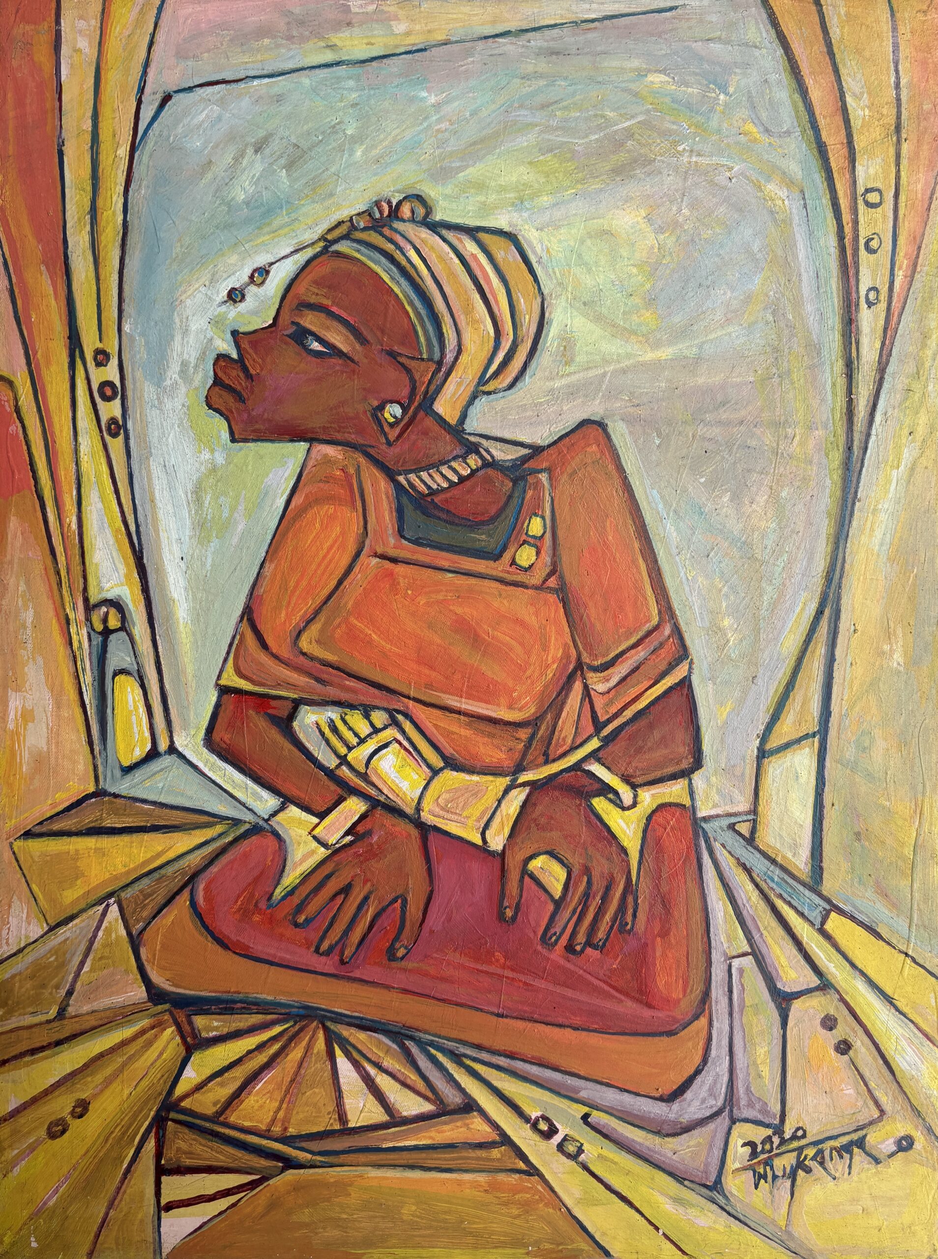 Painting of a seated woman in orange and yellow tones by Wilson Lukenge, from the exhibition Nabutono: A Woman’s Constancy